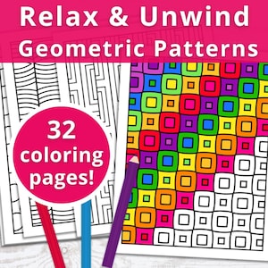 32 Printable Coloring Pages to Promote Relaxation - Digital Coloring Book for Adults - Geometric Coloring Pages - PDF Digital Download