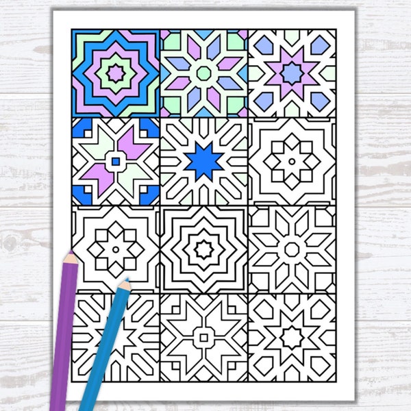 Tile Coloring Page - Mosaic Tile Design - Adult Coloring Page - Islamic Geometric Coloring Sheet - Geometric Coloring - PDF Instant Download