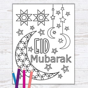 May include: A black and white coloring page featuring a crescent moon with a geometric pattern, stars, and the text "Eid Mubarak".