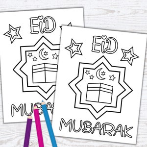 Cartões para colorir Eid Mubarak com design Kaaba - Cartão Eid - Atividade Eid - Cartões DIY Eid - Diversão com cartões para colorir - Download de PDF