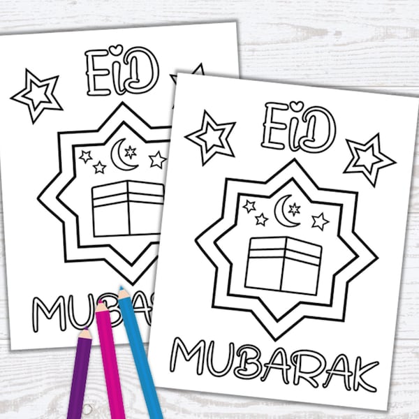 Cartes à colorier Eid Mubarak avec motif Kaaba - Carte Eid - Activité Eid - Cartes de voeux DIY Eid - Amusant carte à colorier - Téléchargement PDF