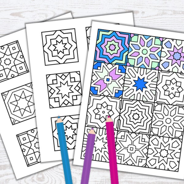 Mosaic Tile Coloring Pages - Adult Coloring Page - Moroccan Tile - Zen Coloring Pages - Islamic Design Printable - PDF Instant Download