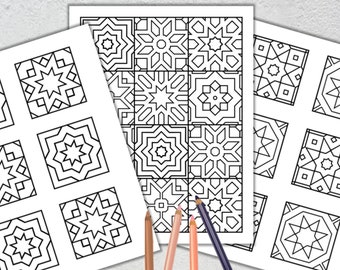 3 Printable Mosaic Tile Coloring Pages - Geometric Coloring Page  - Adult Coloring Page - Relaxing Coloring Page - PDF Instant Download