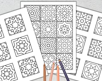 3 Printable Mosaic Tile Coloring Pages - Geometric Coloring Page  - Adult Coloring Page - Relaxing Coloring Page - PDF Instant Download