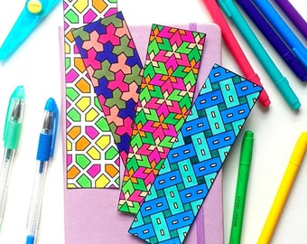 Geometric Coloring Bookmarks: Bold Intricate Patterns (PDF Digital Download)