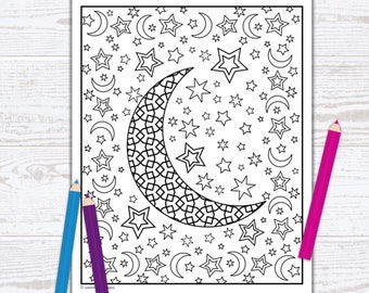 Moon and Stars Coloring Page: Celestial Night Sky (PDF Download)