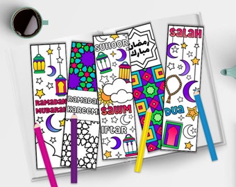 Ramadan Coloring Bookmarks - Cute Bookmark Set with Ramadan Mubarak and Ramadan Kareem Greetings - Printable Ramadan Bookmarks for Kids