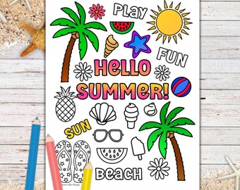 May include: A black and white summer-themed coloring page with the words "HELLO SUMMER!" and other summer-related images, including a palm tree, sunglasses, and watermelon. The page is surrounded by colored pencils and starfish.