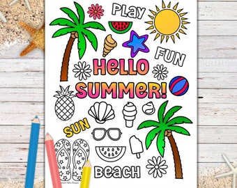 Hello Summer Printable Page - Summer Vacation Coloring - Kids Coloring Pages - Coloring Sheets for Kids & Adults - PDF Digital Download