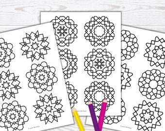 Peut inclure: Pages à colorier imprimables avec 12 motifs de mandalas géométriques complexes. Chaque mandala est un motif circulaire avec des formes et des lignes répétitives, parfait pour les adultes et les enfants qui aiment colorier.