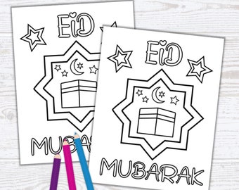Eid Mubarak Coloring Cards with Kaaba Design - Eid Card - Eid Activity - DIY Eid Greeting Cards - Coloring Card Fun - PDF Download