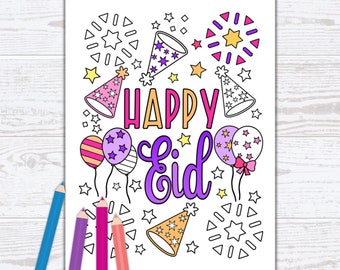 Página para colorear Happy Eid - Actividad Eid para niños para Ramadán - Páginas para colorear para niños lindos - Hoja para colorear islámica - PDF Descarga instantánea