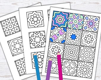 Mosaic Tile Coloring Pages - Adult Coloring Page - Moroccan Tile - Zen Coloring Pages - Islamic Design Printable - PDF Instant Download