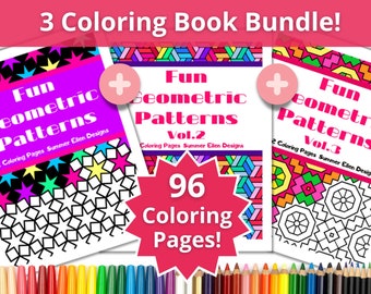 May include: A bundle of three coloring books featuring geometric patterns. Each book has a pink, purple, and black cover with the title "Fun Geometric Patterns" and a volume number. The books are arranged in a row with a plus sign between each book. The text "96 Coloring Pages!" is displayed in a red starburst shape.
