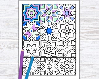 Tile Coloring Page - Mosaic Tile Design - Adult Coloring Page - Islamic Geometric Coloring Sheet - Geometric Coloring - PDF Instant Download