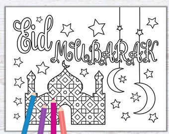 Página para colorear de Eid Mubarak - Diseño de mezquita/masjid para Eid - Actividad de Eid - Hoja para colorear islámica - PDF Descarga instantánea imprimible