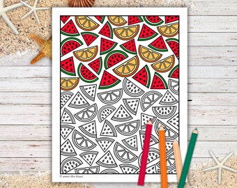 Página para colorear de frutas: Sandía, naranja y limón (Descargar PDF)