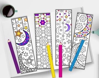 Moon and Stars Coloring Bookmarks for Adults (PDF Digital Download)
