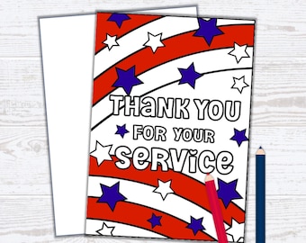 Veterans Day Thank You Card - Veterans Day Craft - Thank You For Your Service Veteran Card - Kids Coloring Cards - PDF Instant Download