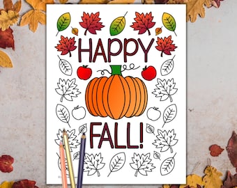 Pagina da colorare autunnale: zucca e foglie autunnali (download PDF)