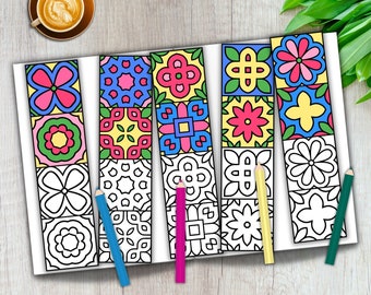 Mosaic Tile Coloring Bookmarks: Botanic Geometric Patterns (PDF Download)