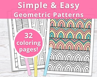 May include: A set of 32 coloring pages featuring simple and easy geometric patterns. The pages are black and white with a variety of geometric shapes, including circles, squares, and triangles. The pages are perfect for adults and children who enjoy coloring.
