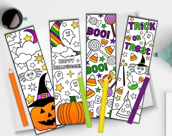 May include: Four printable Halloween bookmark designs featuring a pumpkin, ghosts, candy corn, and a spider. Each bookmark has a black and white outline and is ready to be colored.