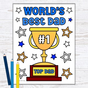 Página para colorear del Día del Padre para niños - El mejor papá del mundo con diseño de trofeo - Descarga digital PDF