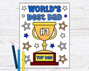 Father's Day Coloring Page for Kids - World's Best Dad with Trophy Design - PDF Digital Download