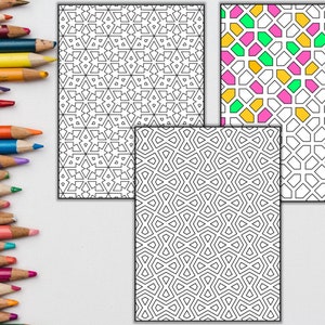 Peut inclure: Trois motifs g&eacute;om&eacute;triques noir et blanc &agrave; colorier. Les motifs sont compos&eacute;s de formes et de lignes r&eacute;p&eacute;titives.