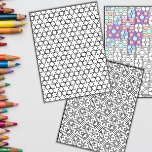 Peut inclure: Trois pages &agrave; colorier en noir et blanc avec des motifs g&eacute;om&eacute;triques. Les motifs sont compos&eacute;s d'&eacute;toiles, de carr&eacute;s et de cercles.