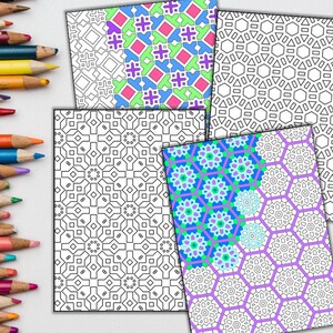 Peut inclure: Quatre pages &agrave; colorier imprimables pr&eacute;sentant des motifs g&eacute;om&eacute;triques complexes. Les motifs comprennent un m&eacute;lange de carr&eacute;s, de cercles et d'hexagones. Les pages sont en noir et blanc, pr&ecirc;tes &agrave; &ecirc;tre color&eacute;es.
