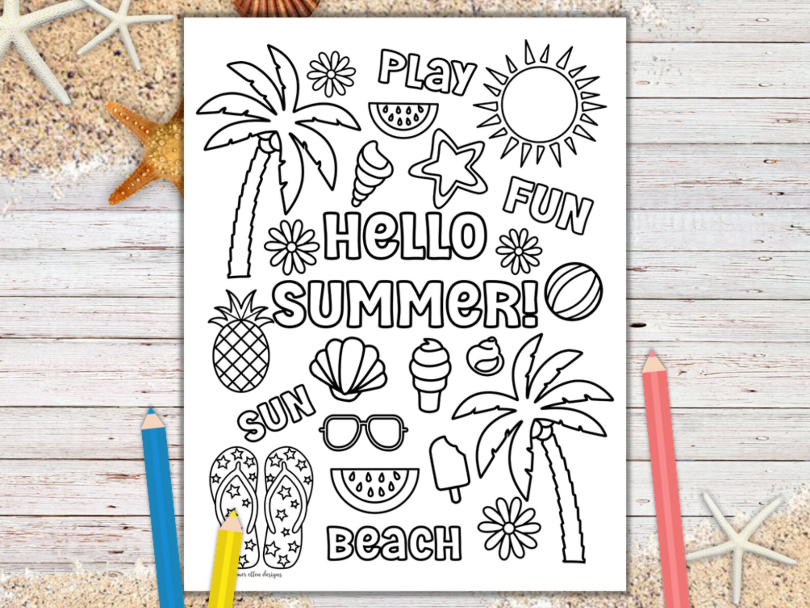 Hello Summer Printable Page Summer Vacation Coloring Kids - Etsy