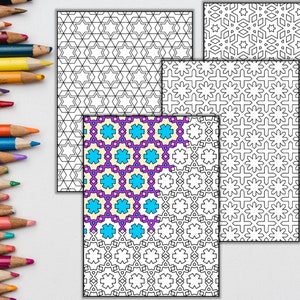 Peut inclure: Quatre pages &agrave; colorier imprimables pr&eacute;sentant des motifs g&eacute;om&eacute;triques complexes. Les motifs sont compos&eacute;s d'&eacute;toiles, de cercles et de carr&eacute;s. Les pages sont en noir et blanc.