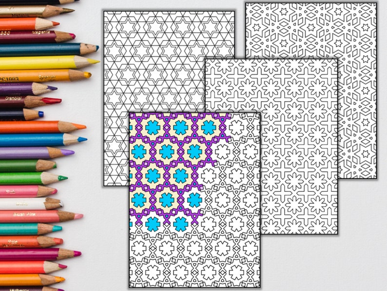 Peut inclure: Quatre pages &agrave; colorier imprimables pr&eacute;sentant des motifs g&eacute;om&eacute;triques complexes. Les motifs sont compos&eacute;s d'&eacute;toiles, de cercles et de carr&eacute;s. Les pages sont en noir et blanc.