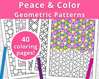 May include: A set of 40 coloring pages featuring geometric patterns. The pages are black and white with a sample page showing the patterns in color. The colors include pink, blue, green, and yellow.