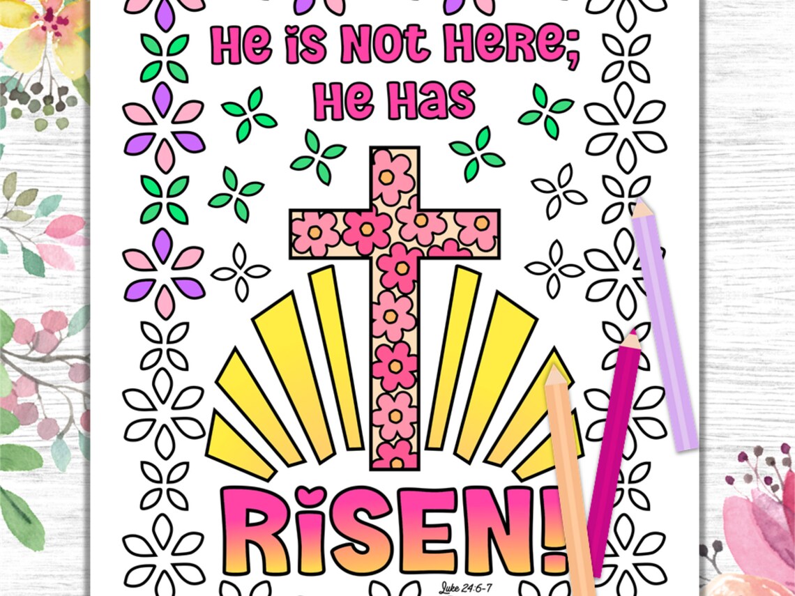 He is Risen Coloring Page With Cross Christian Easter - Etsy