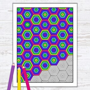 Peut inclure: Une page &agrave; colorier imprimable pr&eacute;sentant un motif g&eacute;om&eacute;trique d'hexagones color&eacute;s. La moiti&eacute; sup&eacute;rieure de la page est remplie d'hexagones dans des tons de bleu, vert, jaune, rose et violet. La moiti&eacute; inf&eacute;rieure de la page est un contour noir et blanc du m&ecirc;me motif.