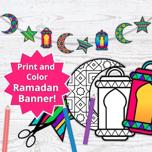 May include: A printable Ramadan banner with colorful lanterns, stars, and crescent moons. The banner is ready to be colored in with crayons or markers. The text "Print and Color Ramadan Banner!" is on a pink starburst.