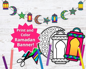 DIY Ramadan Banner with Moons, Stars and Lanterns - Ramadan Crafts - Print and Color Ramadan Bunting - Ramadan Garland - Digital Download