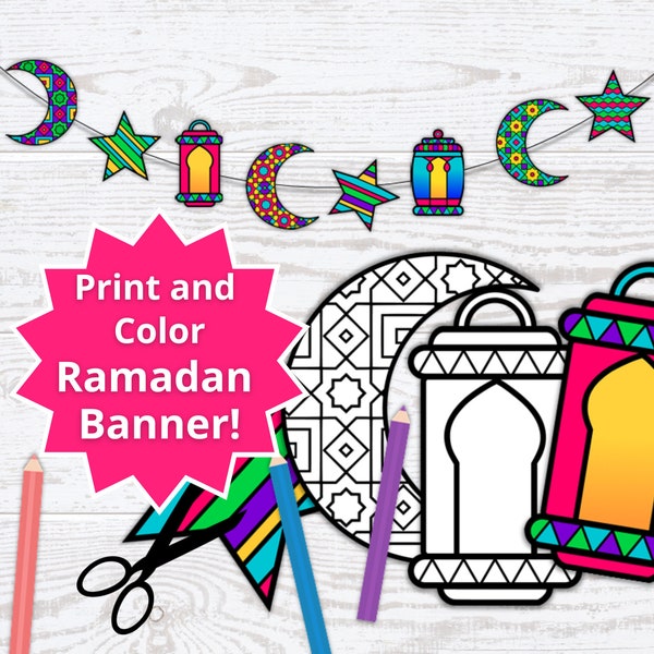 DIY Ramadan Banner with Moons, Stars and Lanterns - Ramadan Crafts - Print and Color Ramadan Bunting - Ramadan Garland - Digital Download