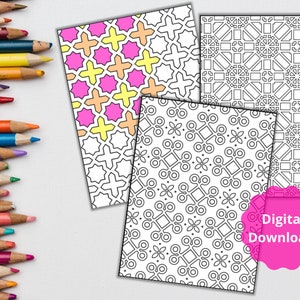 Peut inclure: Trois pages &agrave; colorier imprimables pr&eacute;sentant des motifs g&eacute;om&eacute;triques. La premi&egrave;re page pr&eacute;sente un motif rose, jaune et orange. Les deuxi&egrave;me et troisi&egrave;me pages pr&eacute;sentent des motifs noir et blanc.