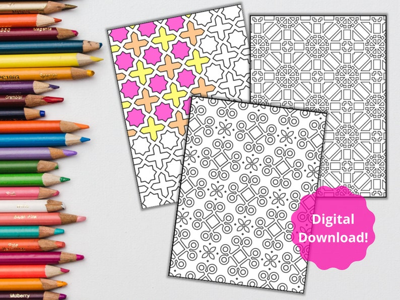 Peut inclure: Trois pages &agrave; colorier imprimables pr&eacute;sentant des motifs g&eacute;om&eacute;triques. La premi&egrave;re page pr&eacute;sente un motif rose, jaune et orange. Les deuxi&egrave;me et troisi&egrave;me pages pr&eacute;sentent des motifs noir et blanc.