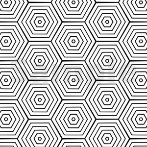 Peut inclure: Motif g&eacute;om&eacute;trique noir et blanc avec des formes hexagonales r&eacute;p&eacute;titives. Chaque hexagone est compos&eacute; de cercles concentriques.