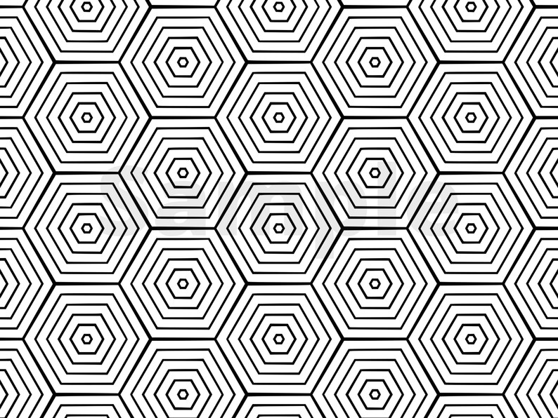 Peut inclure: Motif g&eacute;om&eacute;trique noir et blanc avec des formes hexagonales r&eacute;p&eacute;titives. Chaque hexagone est compos&eacute; de cercles concentriques.