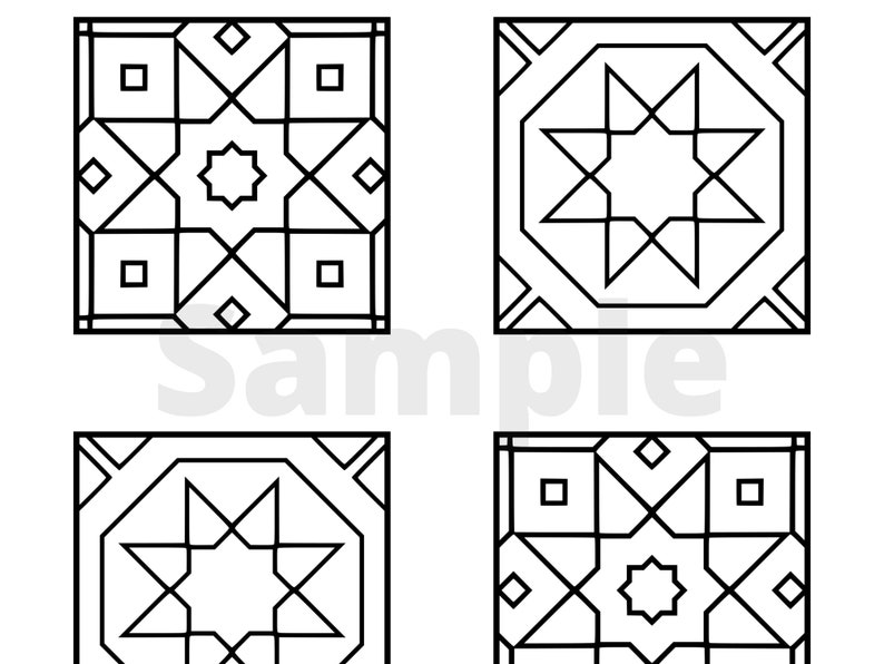 May include: Four black and white geometric tile designs with intricate star and diamond patterns. The tiles are square and have a symmetrical design.