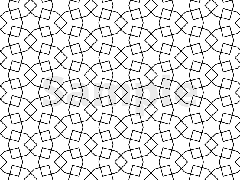 May include: A black and white geometric pattern with repeating shapes that resemble stars and squares.