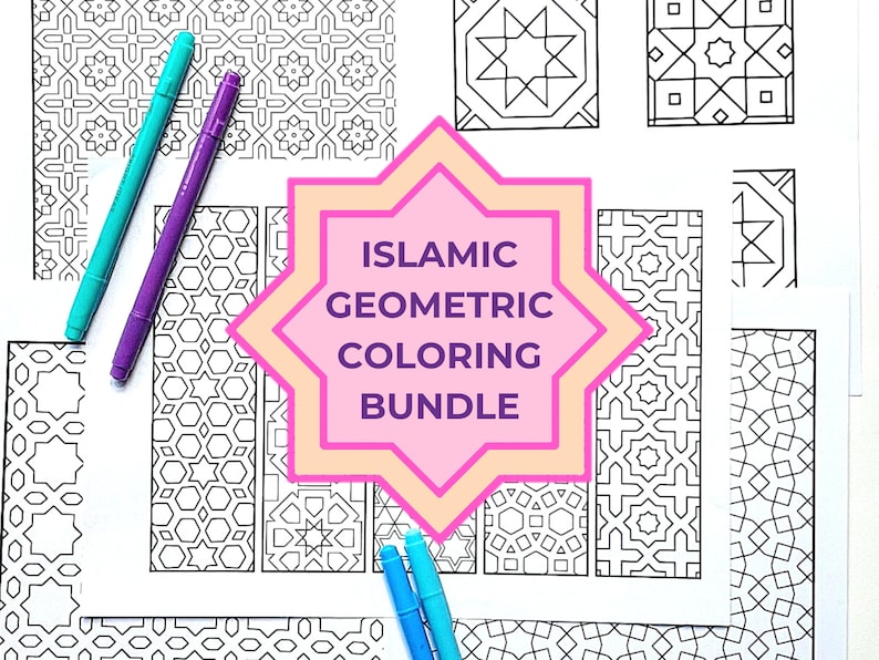May include: A set of Islamic geometric coloring pages featuring intricate patterns and designs. The pages are printed on white paper and are ready to be colored with markers or crayons. The title "Islamic Geometric Coloring Bundle" is written in a pink starburst.