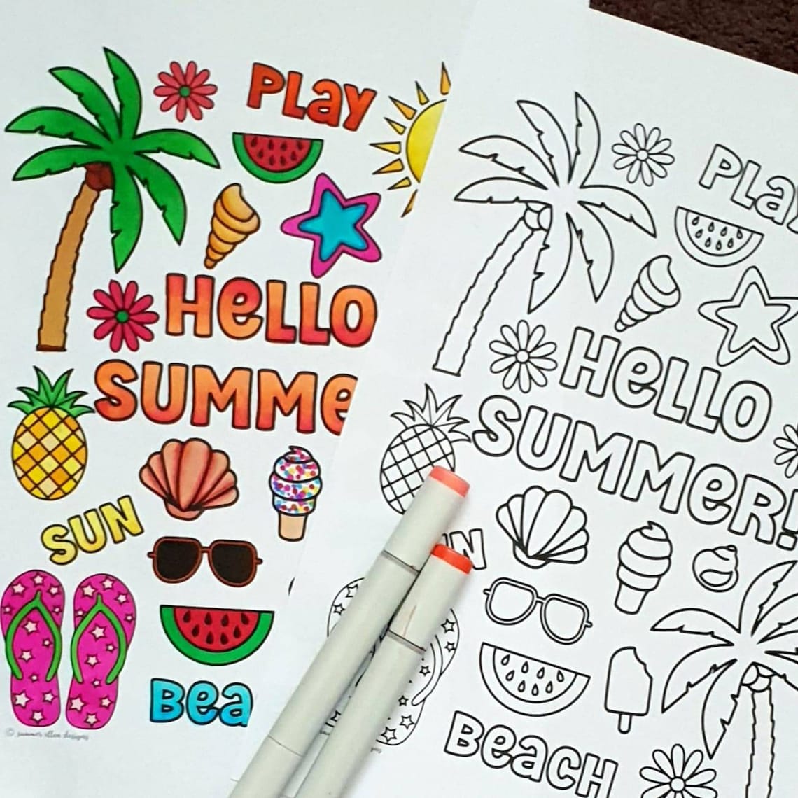 Hello Summer Printable Page Summer Vacation Coloring Kids - Etsy