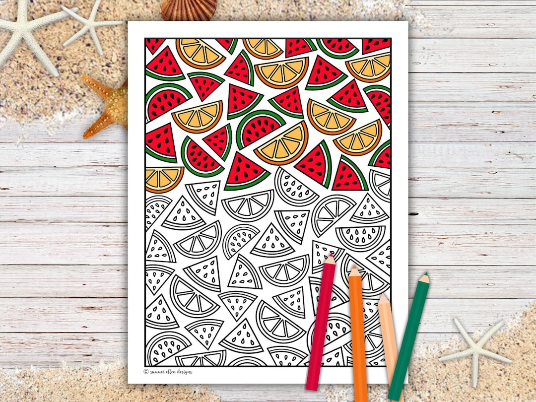 Fruit Pattern Coloring Page With Watermelons, Oranges, Lemons Easy
